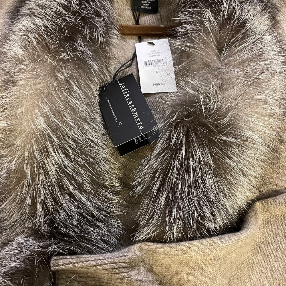 Sofia Cashmere Fox Trim Cardigan NWT